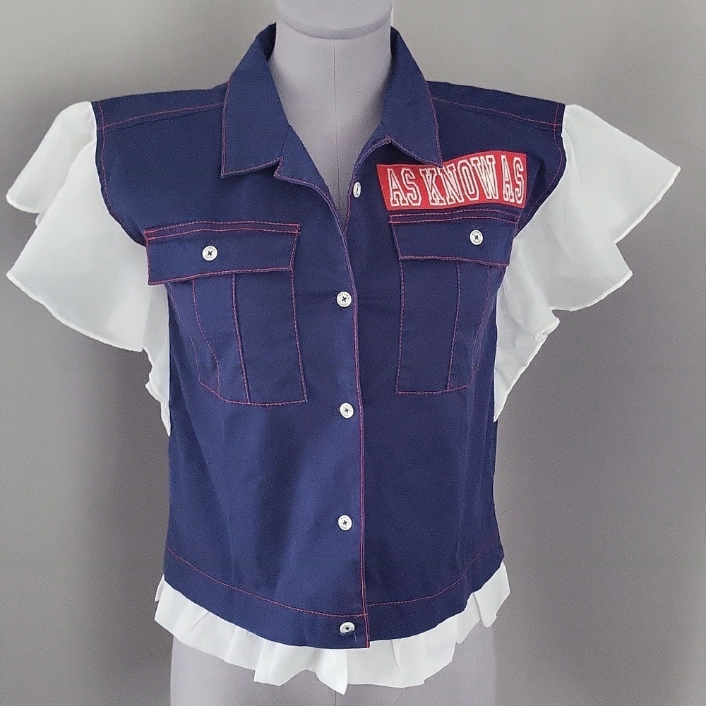 Navy Blue & White Ruffled Sleeve Button-Up Shirt with 'AS KNOW AS' Patch"